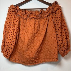 Ryegrass Ladies Sierra Burn Orange Eyelet Lace Off Shoulder Peasant Blouse- XS